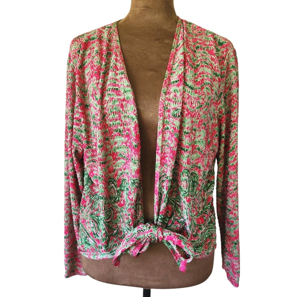 Pleat Pleat by Rafael Tie-Front Top Cardigan Pink Green Women's Size XL